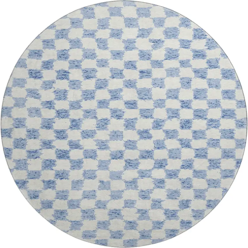 8' Sky Blue And Ivory Geometric Washable Round Rug With UV Protection Photo 1