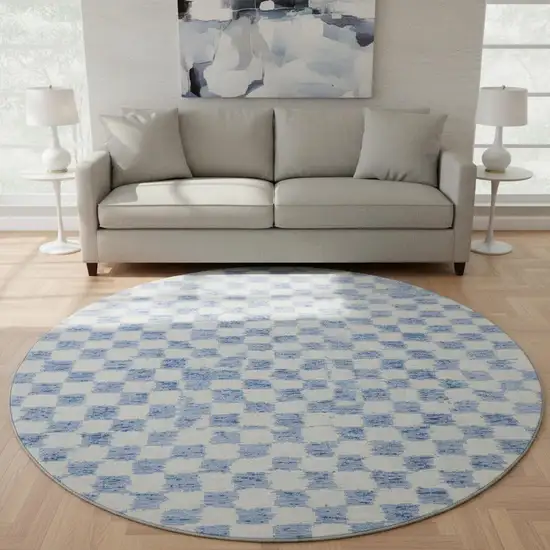 8' Sky Blue And Ivory Geometric Washable Round Rug With UV Protection Photo 2