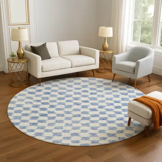 8' Sky Blue And Ivory Geometric Washable Round Rug With UV Protection Photo 5