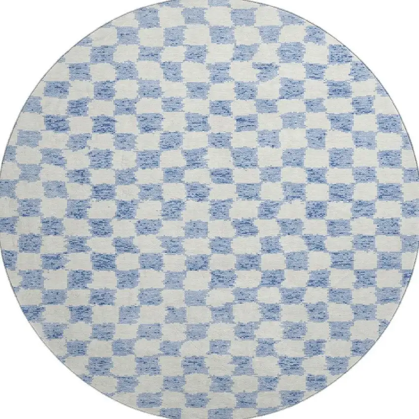 8' Sky Blue And Ivory Geometric Washable Round Rug With UV Protection Photo 3