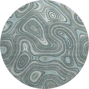 Photo of 8' Sky Blue And Ivory Geometric Washable Round Rug With UV Protection