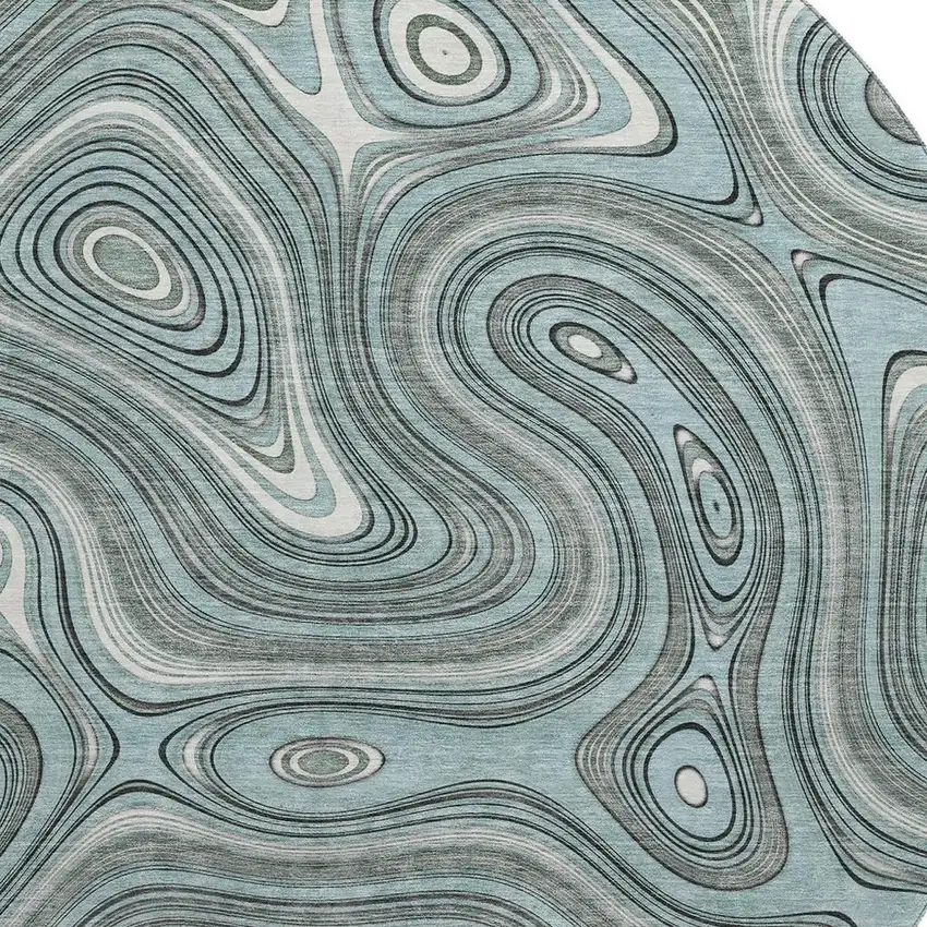 8' Sky Blue And Ivory Geometric Washable Round Rug With UV Protection Photo 3