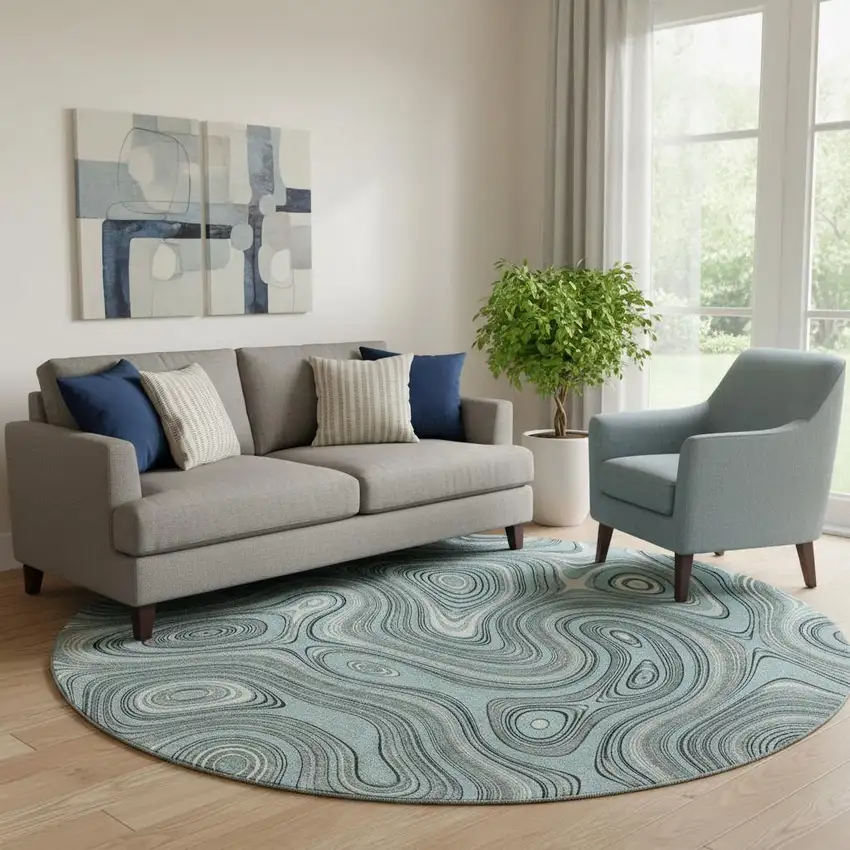 8' Sky Blue And Ivory Geometric Washable Round Rug With UV Protection Photo 2