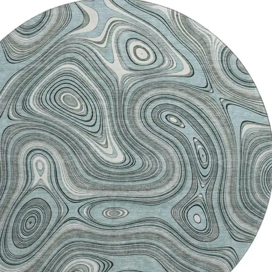 8' Sky Blue And Ivory Geometric Washable Round Rug With UV Protection Photo 4
