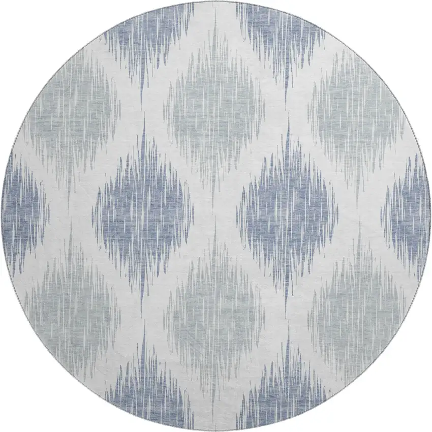 8' Sky Blue And Ivory Ikat Washable Round Rug With UV Protection Photo 1