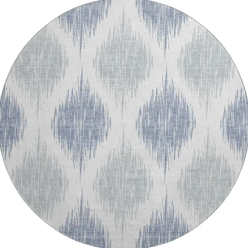 8' Sky Blue And Ivory Ikat Washable Round Rug With UV Protection Photo 4