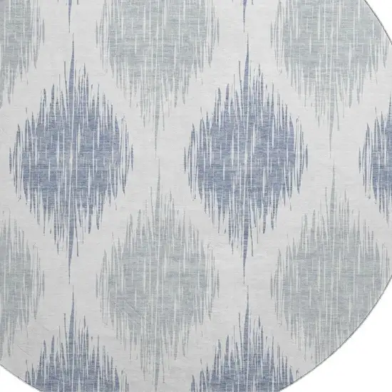8' Sky Blue And Ivory Ikat Washable Round Rug With UV Protection Photo 3