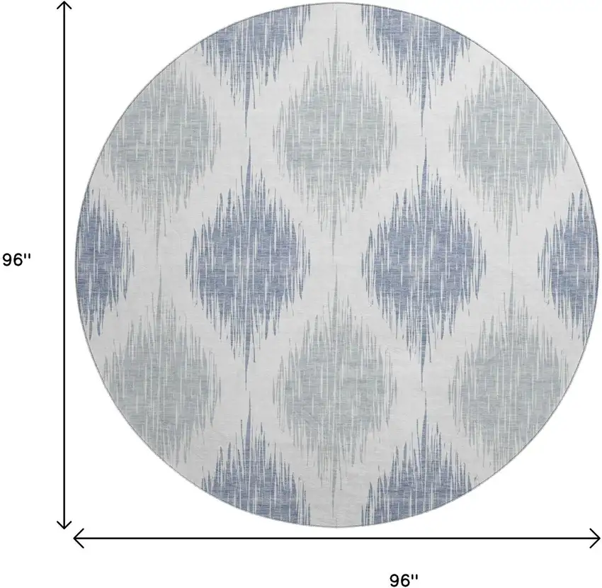 8' Sky Blue And Ivory Ikat Washable Round Rug With UV Protection Photo 3