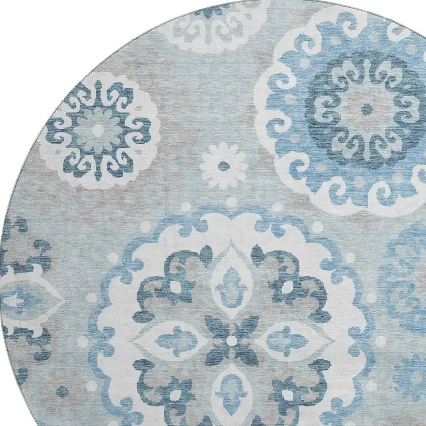 8' Sky Blue And Ivory Medallion Washable Round Rug With UV Protection Photo 3