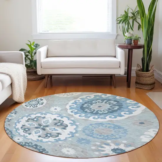 8' Sky Blue And Ivory Medallion Washable Round Rug With UV Protection Photo 5