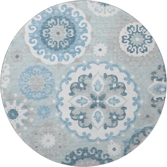 8' Sky Blue And Ivory Medallion Washable Round Rug With UV Protection Photo 4