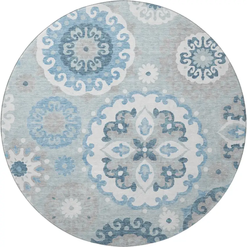 8' Sky Blue And Ivory Medallion Washable Round Rug With UV Protection Photo 4