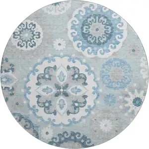 Photo of 8' Sky Blue And Ivory Medallion Washable Round Rug With UV Protection
