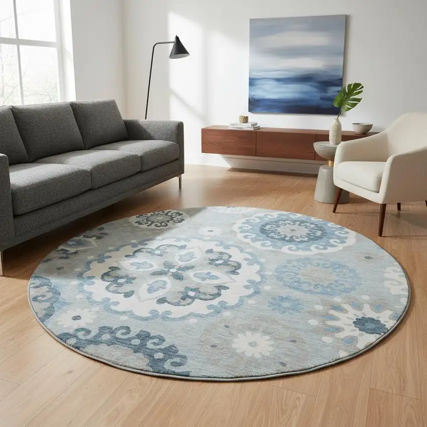 8' Sky Blue And Ivory Medallion Washable Round Rug With UV Protection Photo 2