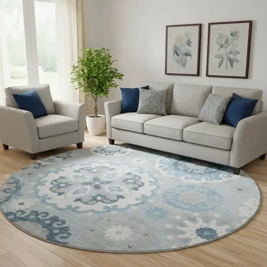 8' Sky Blue And Ivory Medallion Washable Round Rug With UV Protection Photo 2