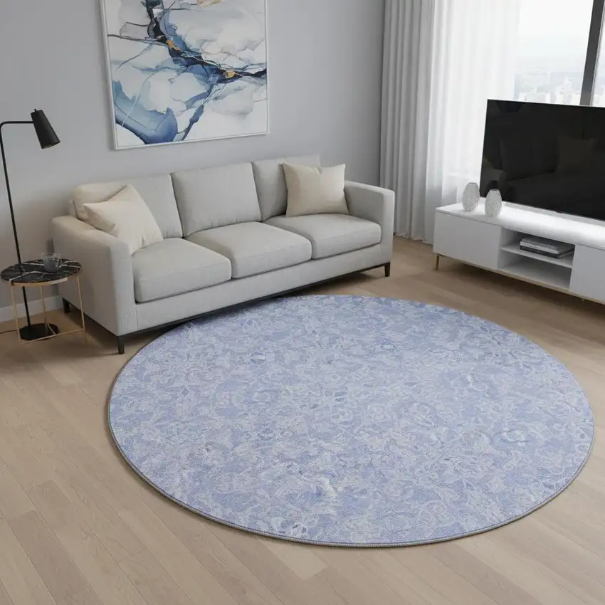 8' Sky Blue And Ivory Medallion Washable Round Rug With UV Protection Photo 2