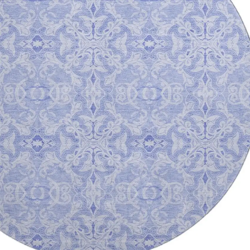 8' Sky Blue And Ivory Medallion Washable Round Rug With UV Protection Photo 3