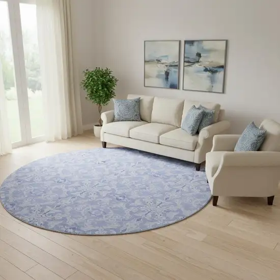 8' Sky Blue And Ivory Medallion Washable Round Rug With UV Protection Photo 1