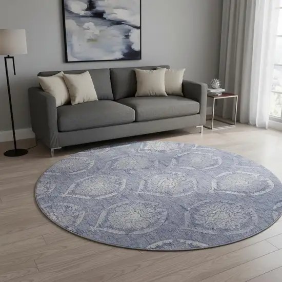 8' Sky Blue And Ivory Medallion Washable Round Rug With UV Protection Photo 2