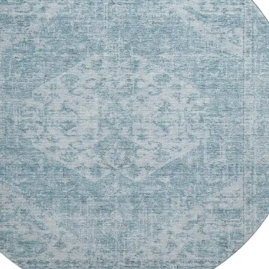8' Sky Blue And Ivory Medallion Washable Round Rug With UV Protection Photo 2