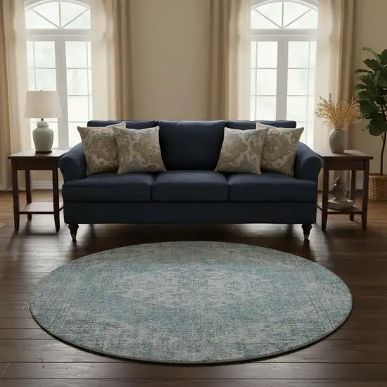 8' Sky Blue And Ivory Medallion Washable Round Rug With UV Protection Photo 2