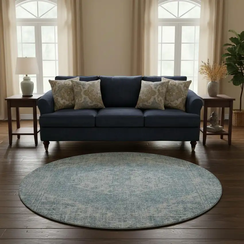 8' Sky Blue And Ivory Medallion Washable Round Rug With UV Protection Photo 2