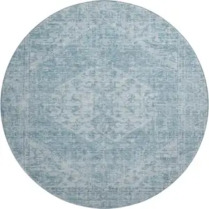Photo of 8' Sky Blue And Ivory Medallion Washable Round Rug With UV Protection
