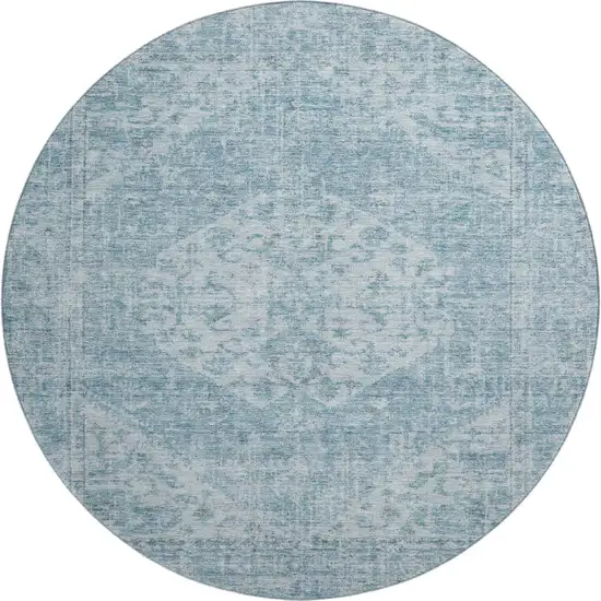 8' Sky Blue And Ivory Medallion Washable Round Rug With UV Protection Photo 1