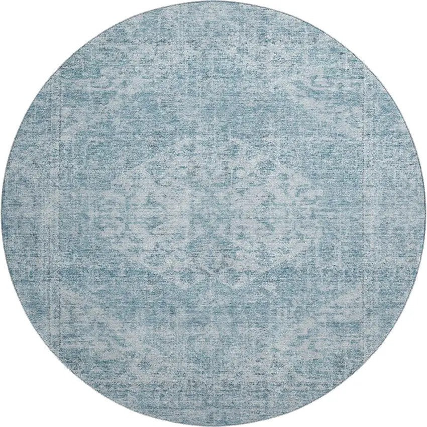 8' Sky Blue And Ivory Medallion Washable Round Rug With UV Protection Photo 1