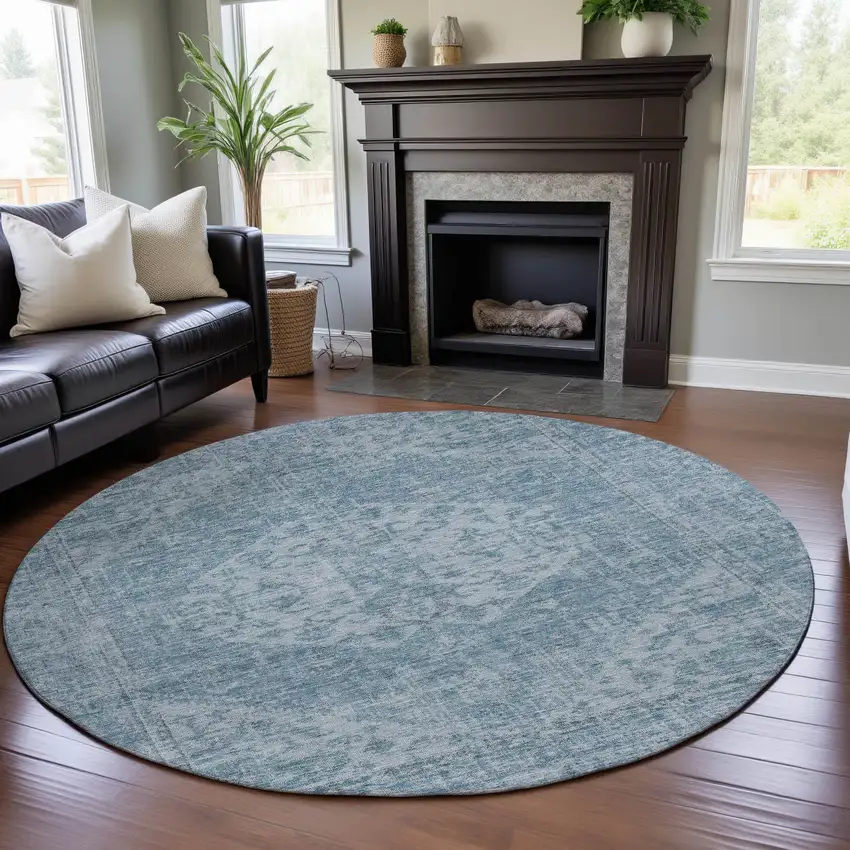 8' Sky Blue And Ivory Medallion Washable Round Rug With UV Protection Photo 4