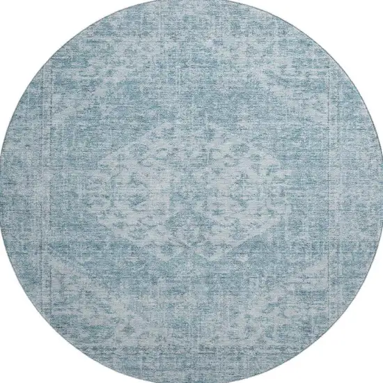 8' Sky Blue And Ivory Medallion Washable Round Rug With UV Protection Photo 3