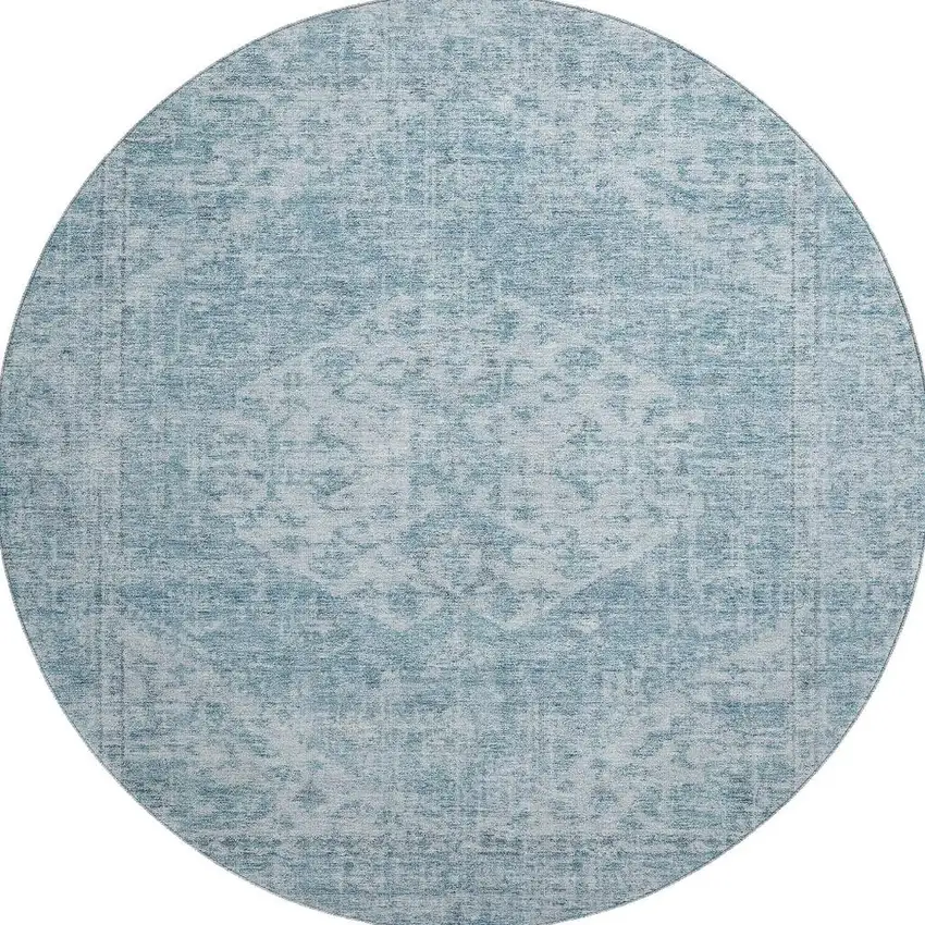 8' Sky Blue And Ivory Medallion Washable Round Rug With UV Protection Photo 3
