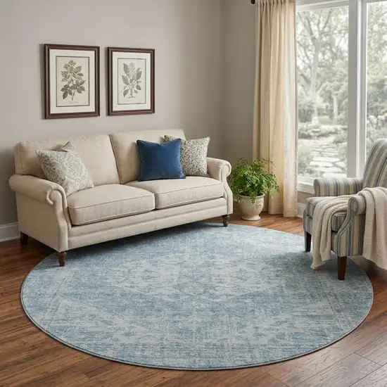 8' Sky Blue And Ivory Medallion Washable Round Rug With UV Protection Photo 1