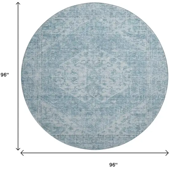 8' Sky Blue And Ivory Medallion Washable Round Rug With UV Protection Photo 9