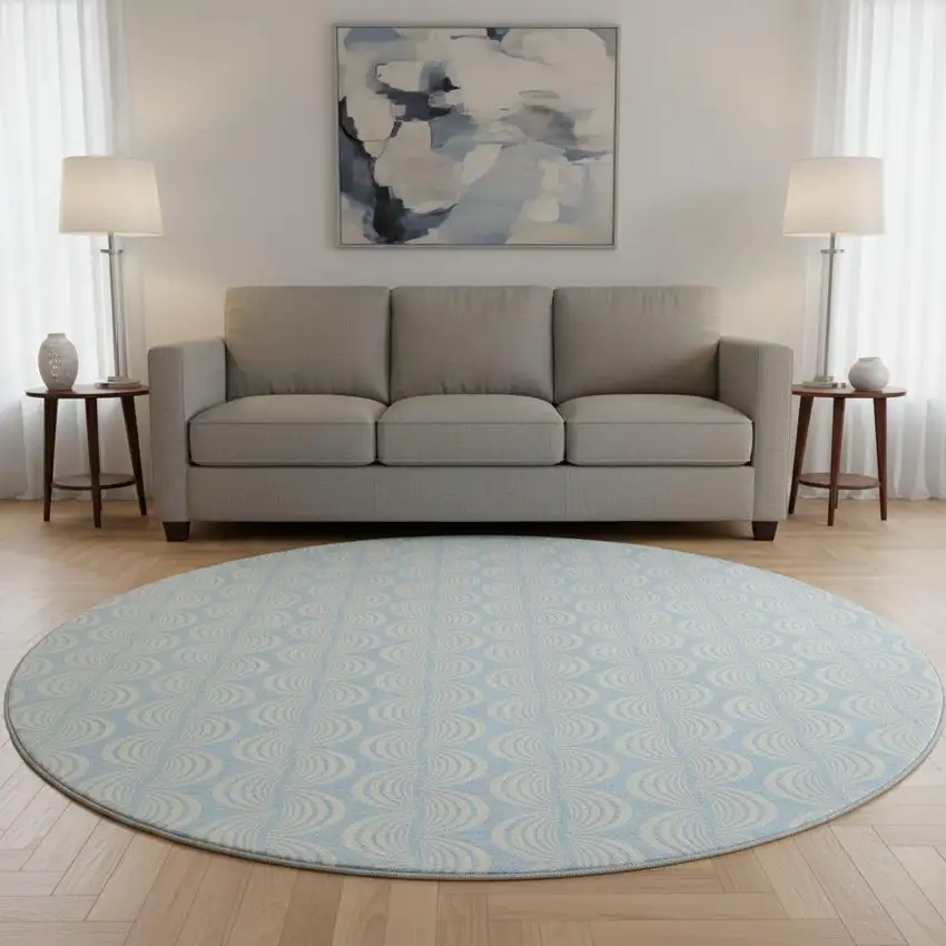 8' Sky Blue And Ivory Ogee Washable Round Rug With UV Protection Photo 2