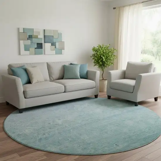 8' Sky Blue And Ivory Ombre Washable Round Rug With UV Protection Photo 1