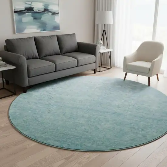 8' Sky Blue And Ivory Ombre Washable Round Rug With UV Protection Photo 2