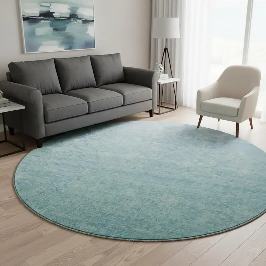 8' Sky Blue And Ivory Ombre Washable Round Rug With UV Protection Photo 2