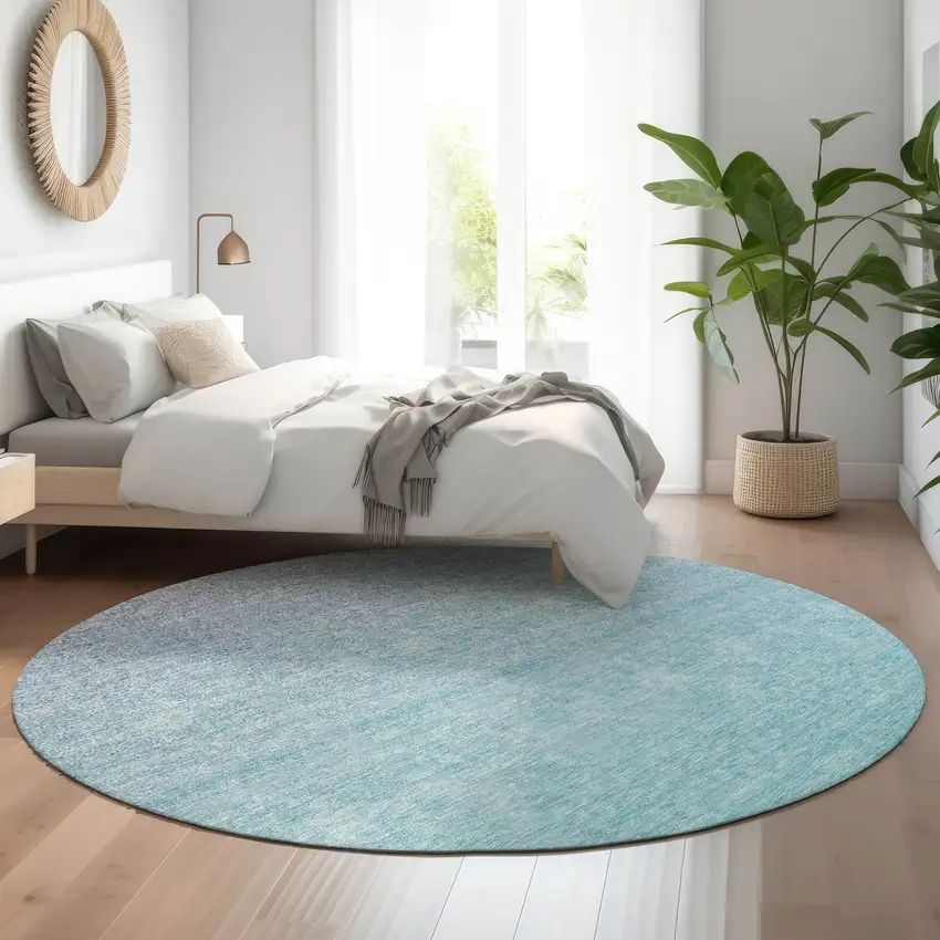 8' Sky Blue And Ivory Ombre Washable Round Rug With UV Protection Photo 5