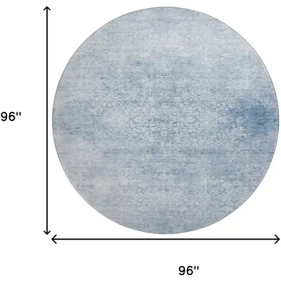 8' Sky Blue And Ivory Oriental Washable Round Rug With UV Protection Photo 8
