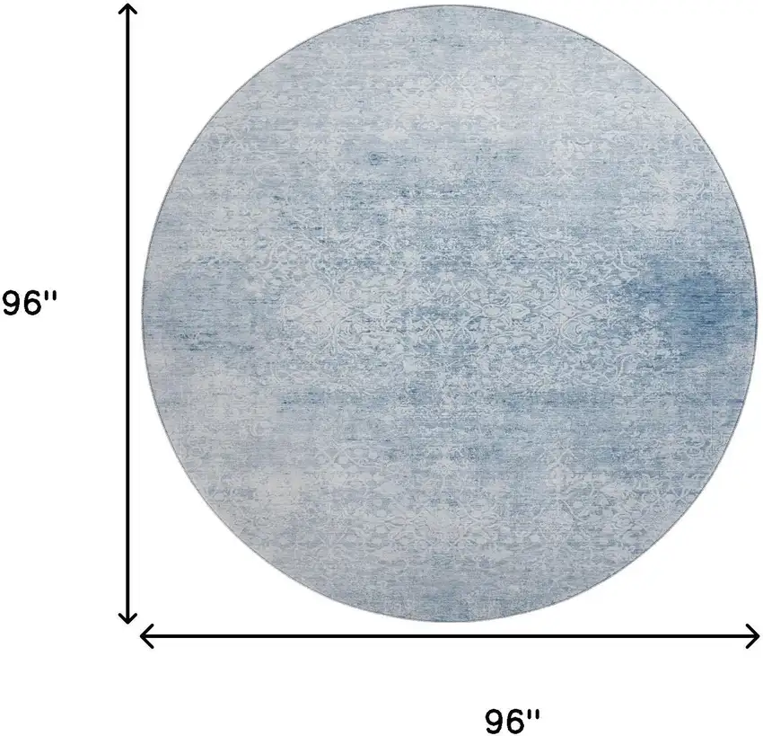 8' Sky Blue And Ivory Oriental Washable Round Rug With UV Protection Photo 8