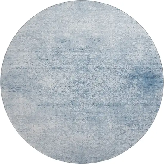 8' Sky Blue And Ivory Oriental Washable Round Rug With UV Protection Photo 1