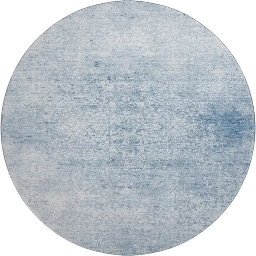 8' Sky Blue And Ivory Oriental Washable Round Rug With UV Protection Photo 1