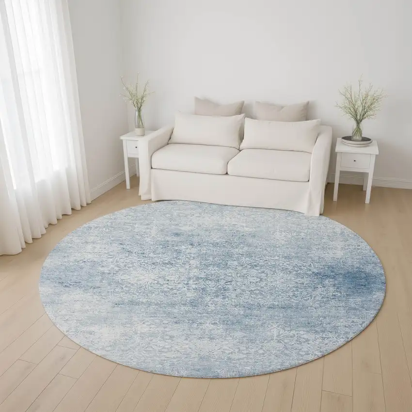 8' Sky Blue And Ivory Oriental Washable Round Rug With UV Protection Photo 3