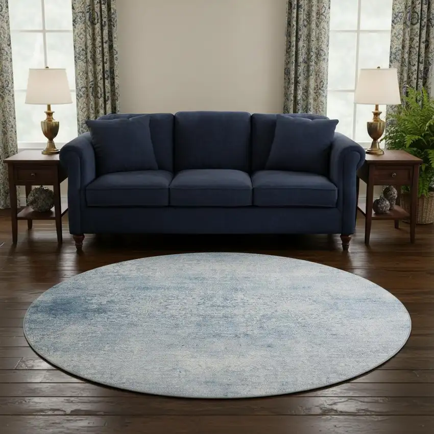 8' Sky Blue And Ivory Oriental Washable Round Rug With UV Protection Photo 2