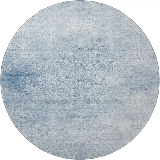 8' Sky Blue And Ivory Oriental Washable Round Rug With UV Protection Photo 2