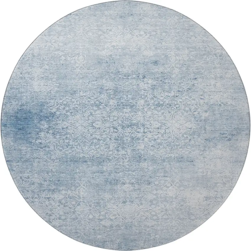 8' Sky Blue And Ivory Oriental Washable Round Rug With UV Protection Photo 2
