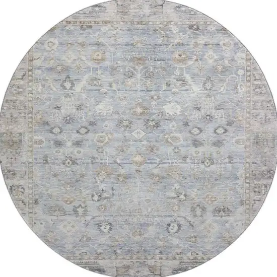 8' Sky Blue And Ivory Oriental Washable Round Rug With UV Protection Photo 3