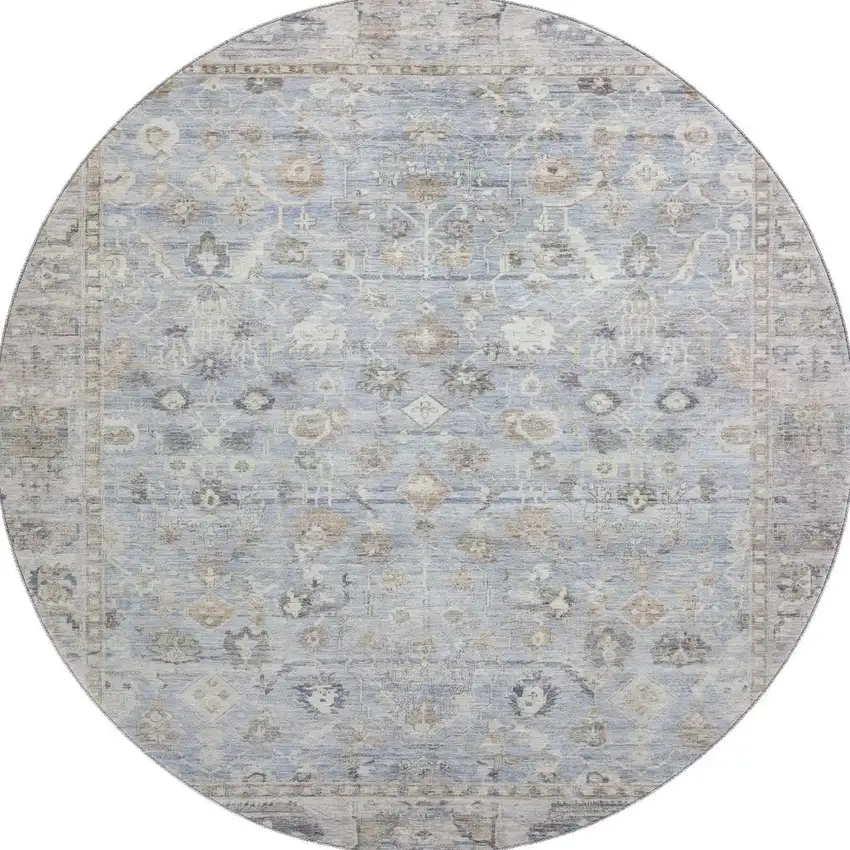 8' Sky Blue And Ivory Oriental Washable Round Rug With UV Protection Photo 3