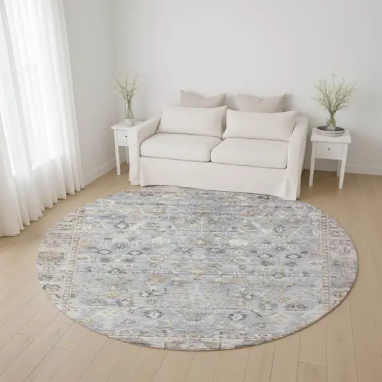 8' Sky Blue And Ivory Oriental Washable Round Rug With UV Protection Photo 4